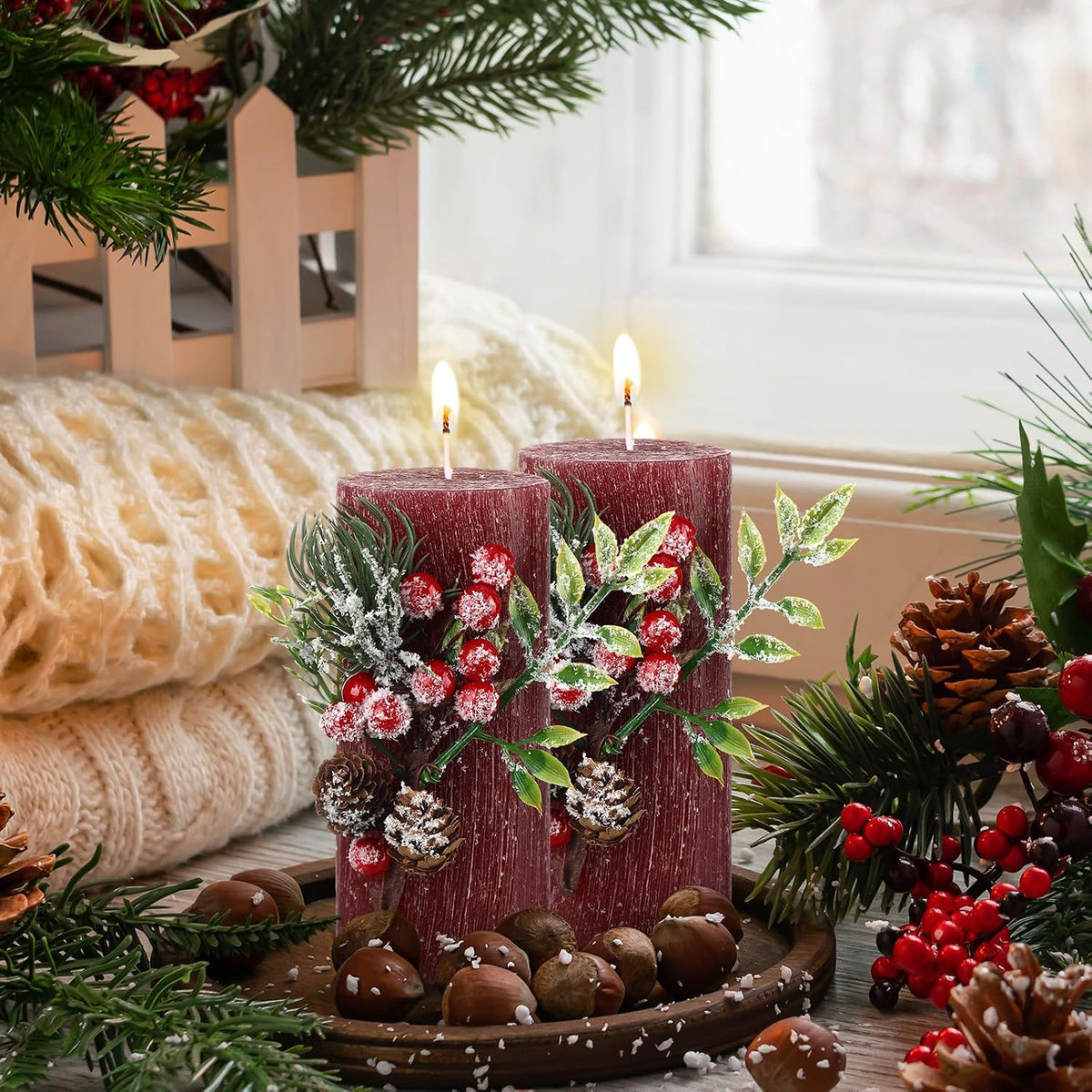 Conelist 2 Pcs Christmas Burgundy Pillar Candles 3 x 6in with Pine Branch