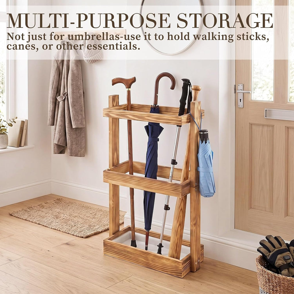 Patelai Wooden Umbrella Stand Rack with Removable Drip Tray for Entryway