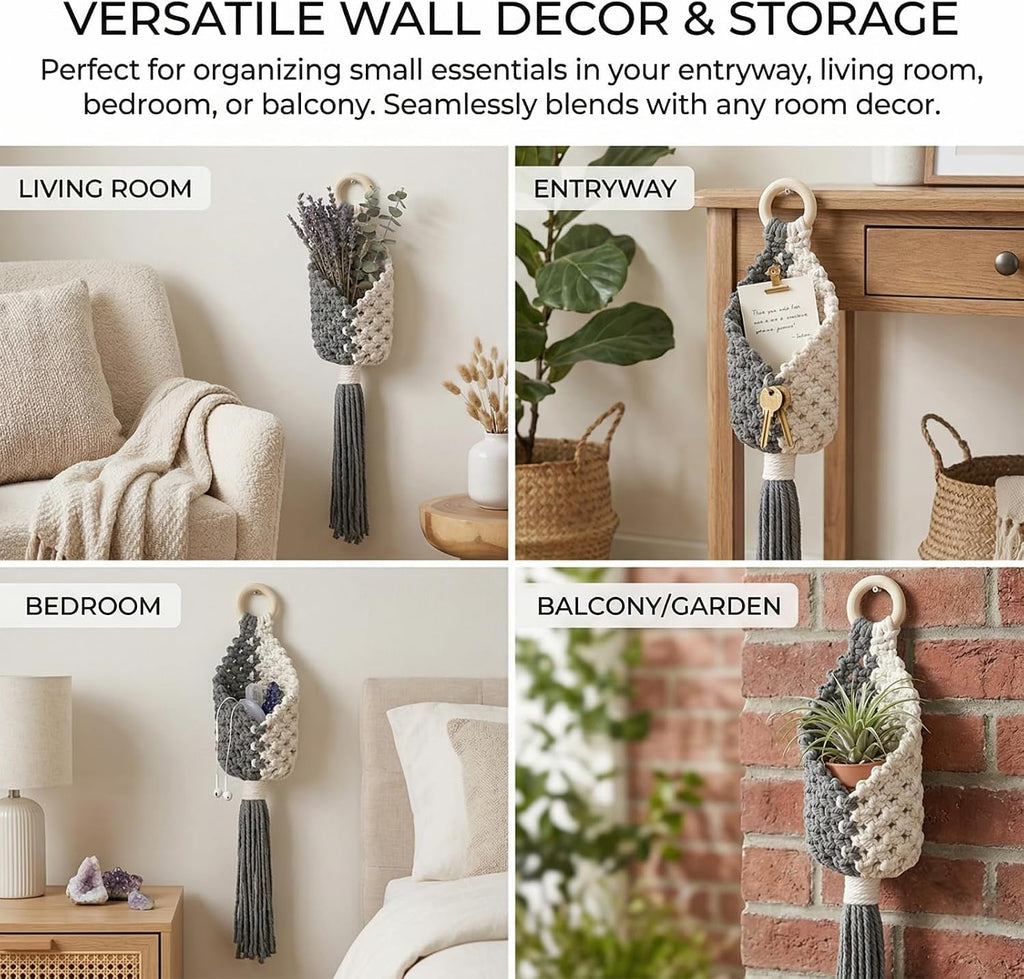 7.9 Inch Macrame Air Plant Hanger - Wall Hanging Planter, Succulent Display Rack - Grey and Off-White Cotton