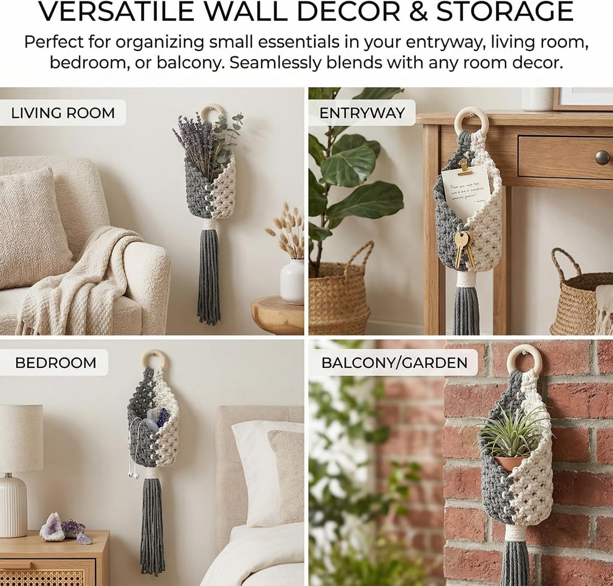 7.9 Inch Macrame Air Plant Hanger - Wall Hanging Planter, Succulent Display Rack - Grey and Off-White Cotton