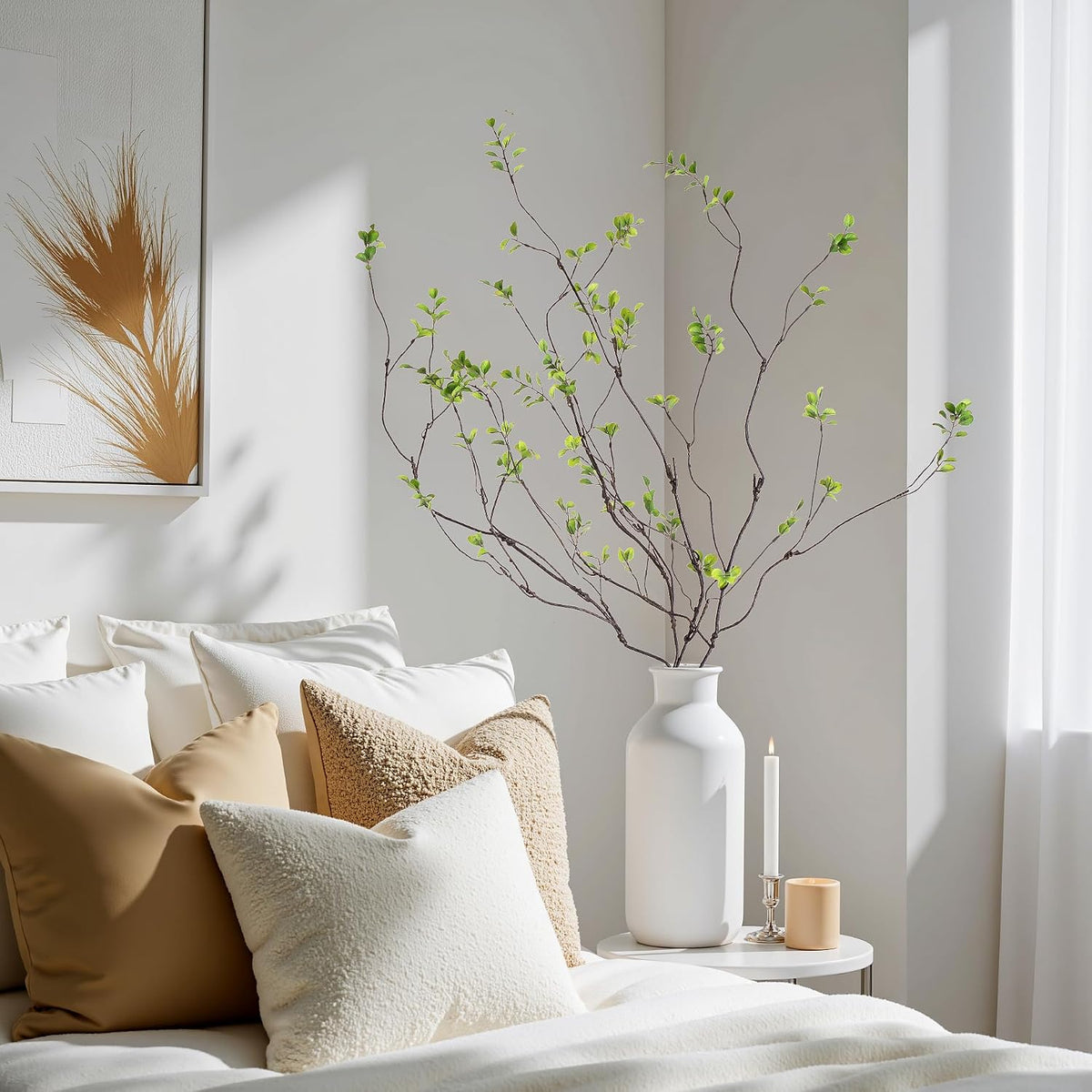 4PCS Artificial Green Branches 47.2", Extra Long Faux Decorative Branches for Tall Vase, Realistic Green Stems with Sparse Leaves, Bendable Branches for Home Decor