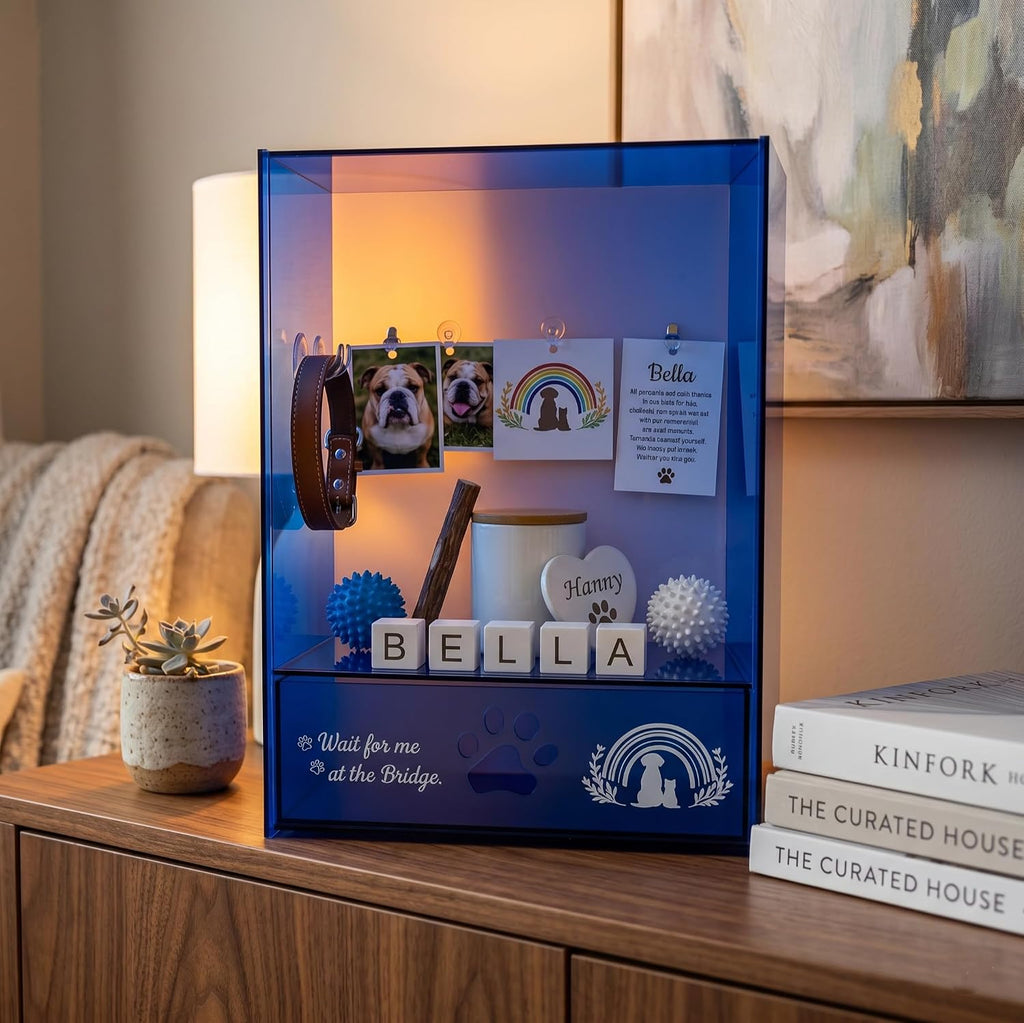 Pet Memorial Shadow Box, Modern Sapphire Blue Acrylic Memory Box for Dog & Cat Ashes, Keepsake Display Case for Photos, Collar & Paw Print, Pet Loss Sympathy Gift, 12.6 x 9.25x 4.7In