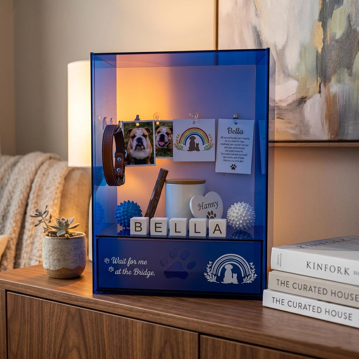 Pet Memorial Shadow Box, Modern Sapphire Blue Acrylic Memory Box for Dog & Cat Ashes, Keepsake Display Case for Photos, Collar & Paw Print, Pet Loss Sympathy Gift, 12.6 x 9.25x 4.7In