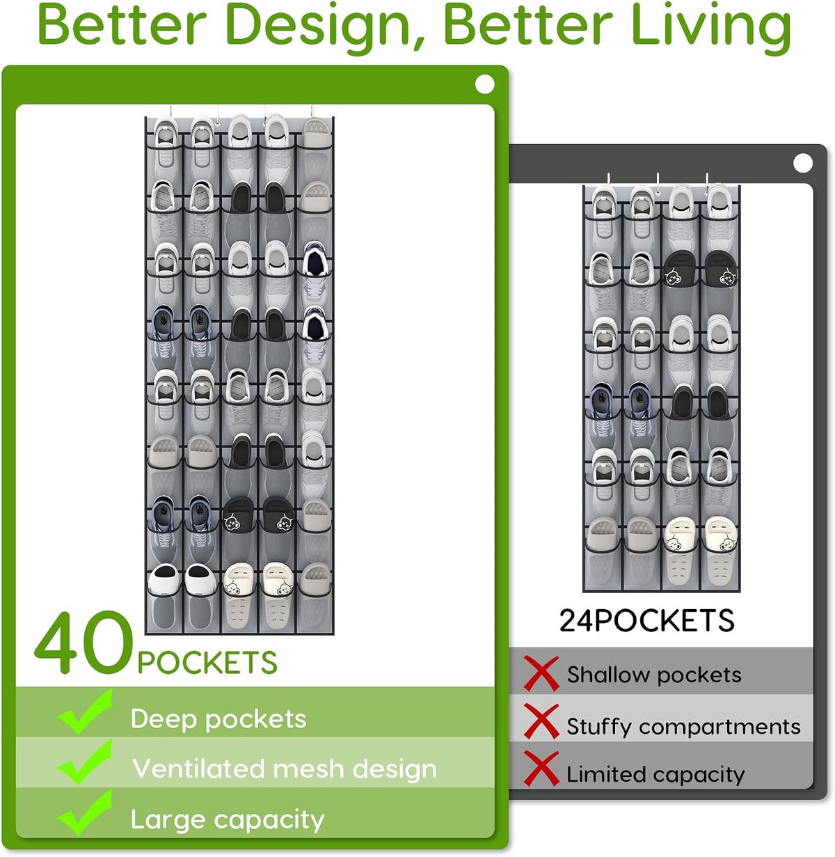 Over the Door Shoe Organizer with 40 Large Breathable Mesh Pockets, Space Saving Shoe Holder, Hanging Shoe Rack for Entryway Bedroom Closet Storage (Grey, 40 Pockets)