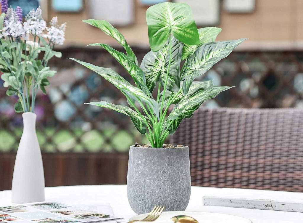 Der Rose 16" Fake Plant Potted Taro Leaf with Rocks for Home Decor