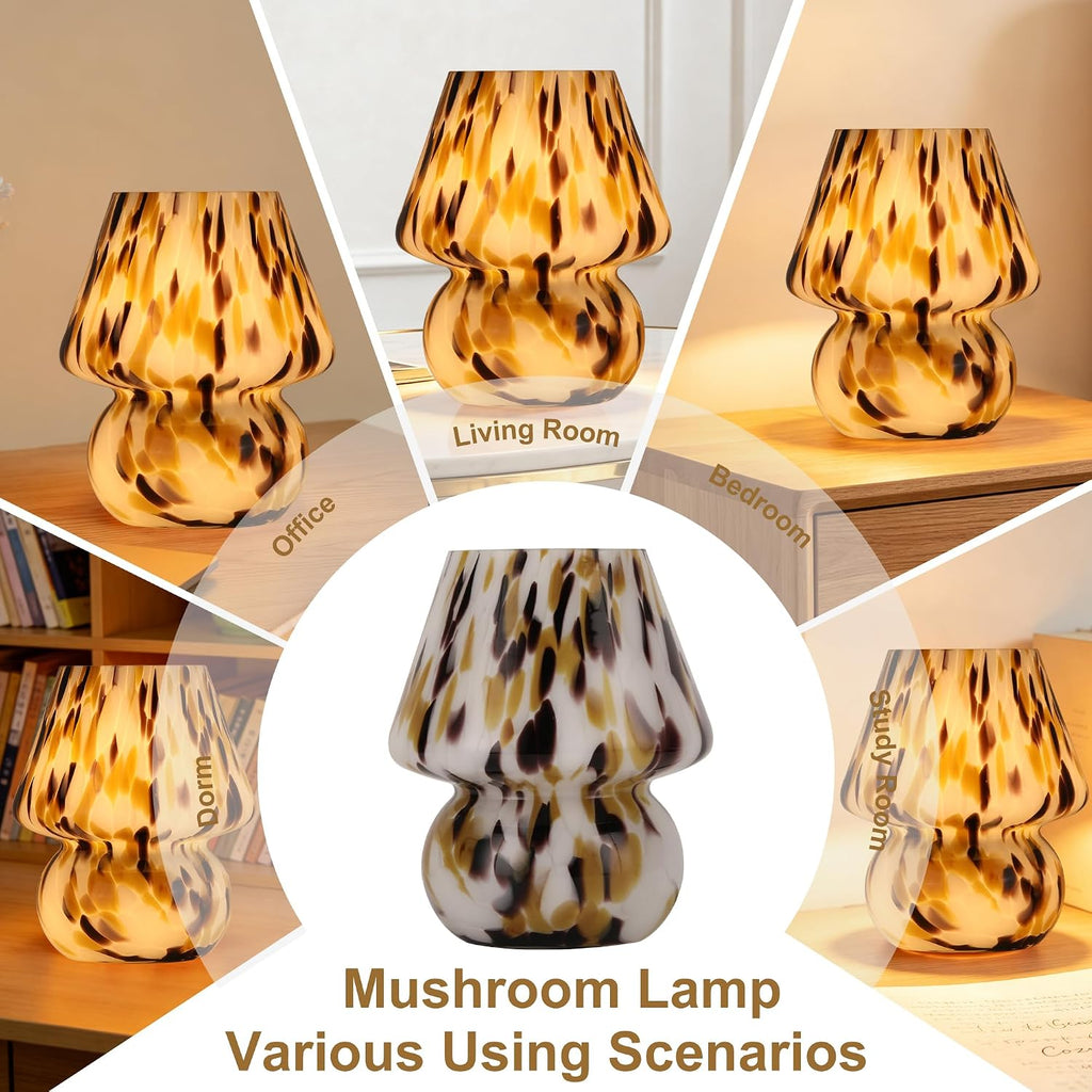 Mushroom Lamp with LED Bulb, Small Glass Bedside Lamp, Brown&White