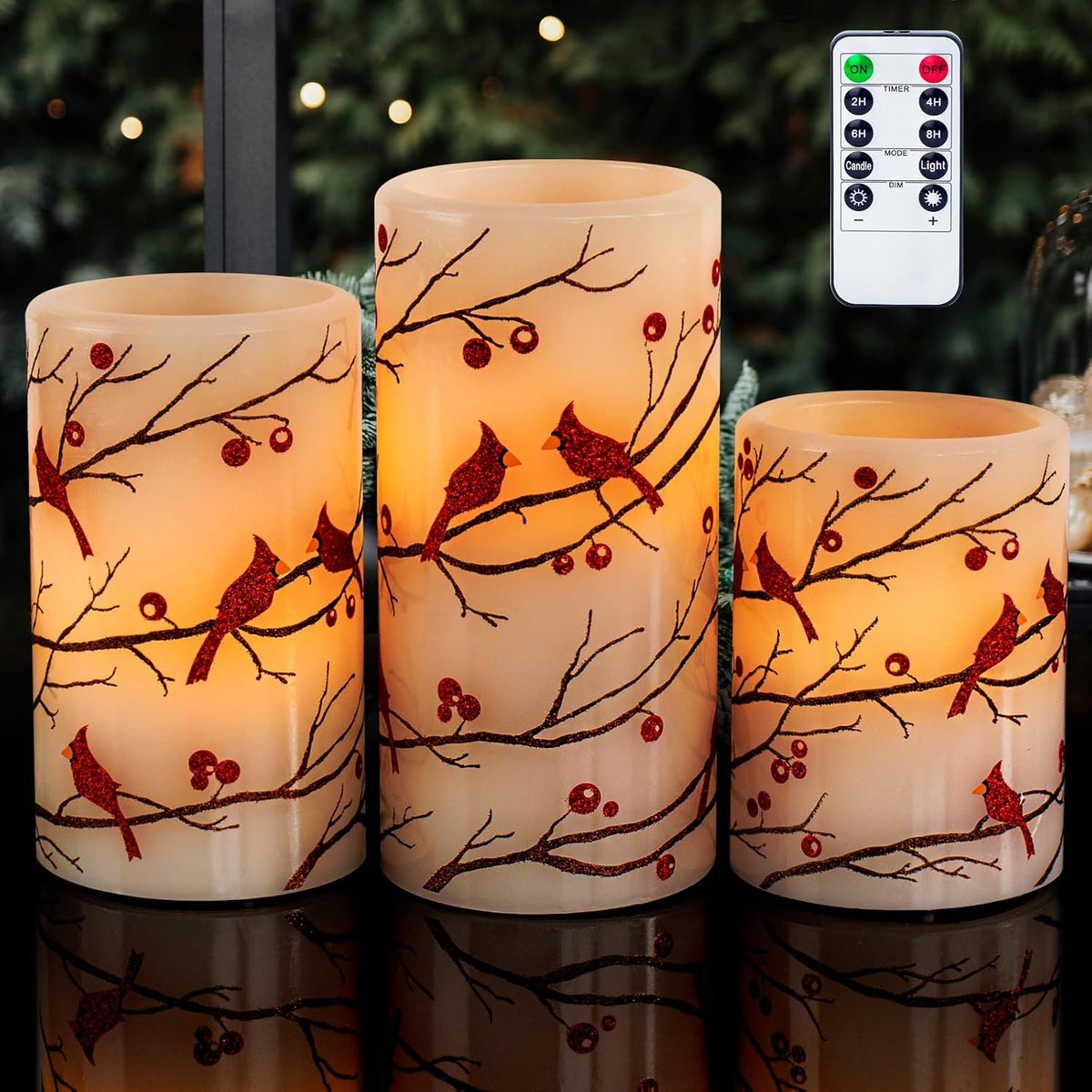 Cardinal Flameless Candles with Timer, Battery Operated Led Flickering Light, Red Bird Real Wax Pillar Candles for Christmas Home Decoration(Set of 3, 3”x4”5”6”)
