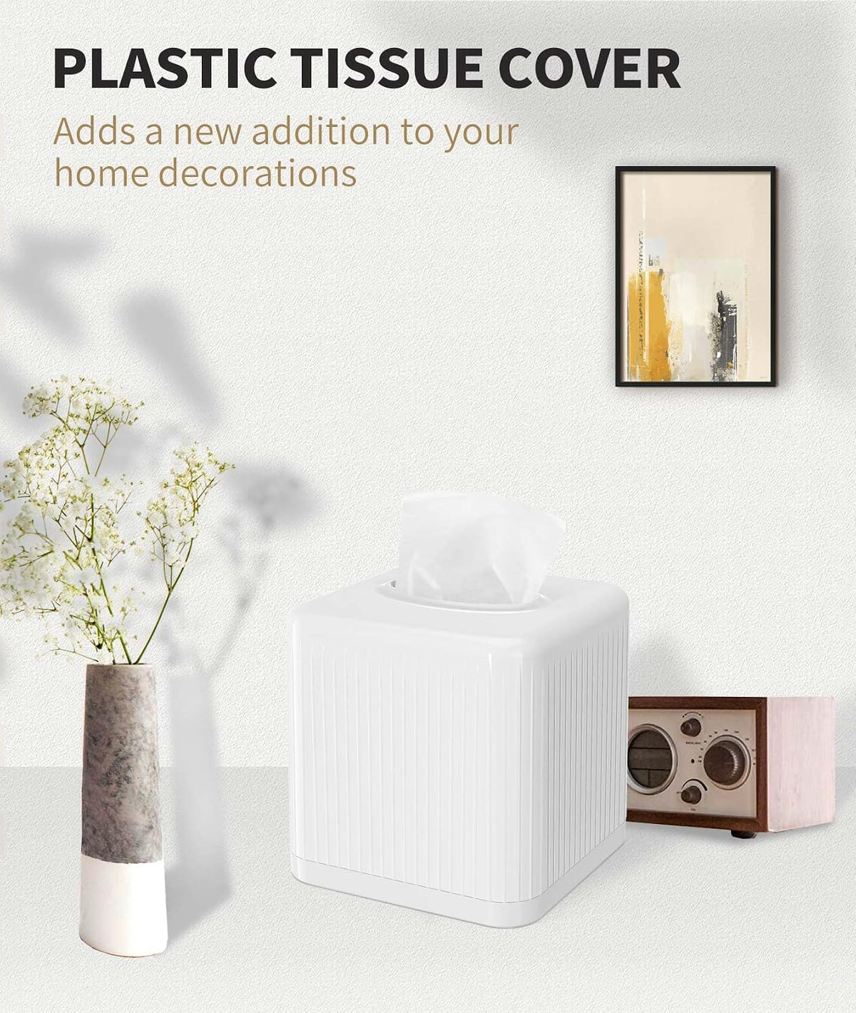 Livelab Tissue Box Cover with Base, Square Plastic Tissue Box Holder Decorative Tissue Cover Modern Cube Facial Tissue Dispenser for Bathroom Vanity Countertop, Living Room, Bedroom, Office - White