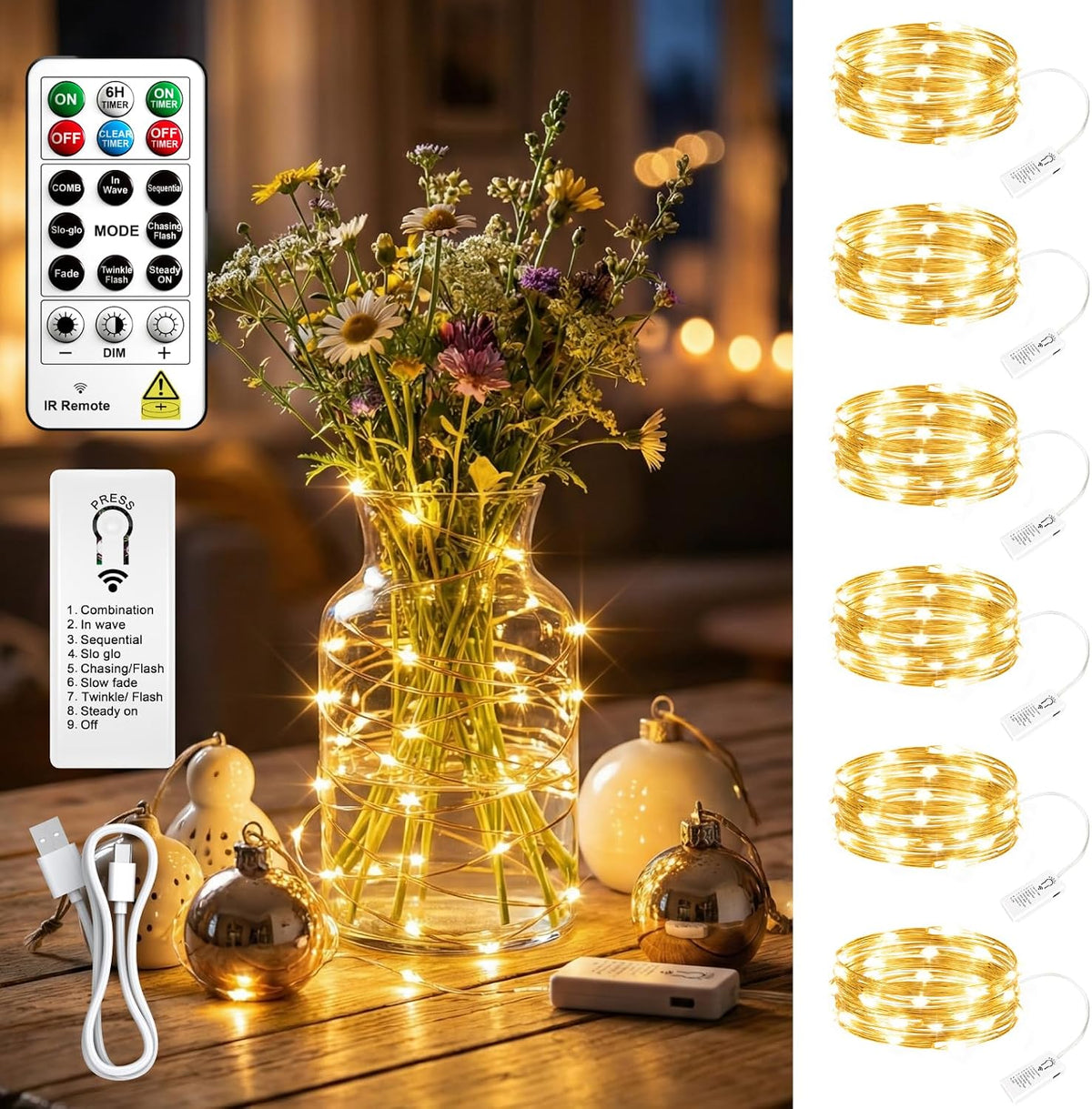 6 Pack Rechargeable Fairy Lights,7ft 20LEDs, Remote & DIY Timer