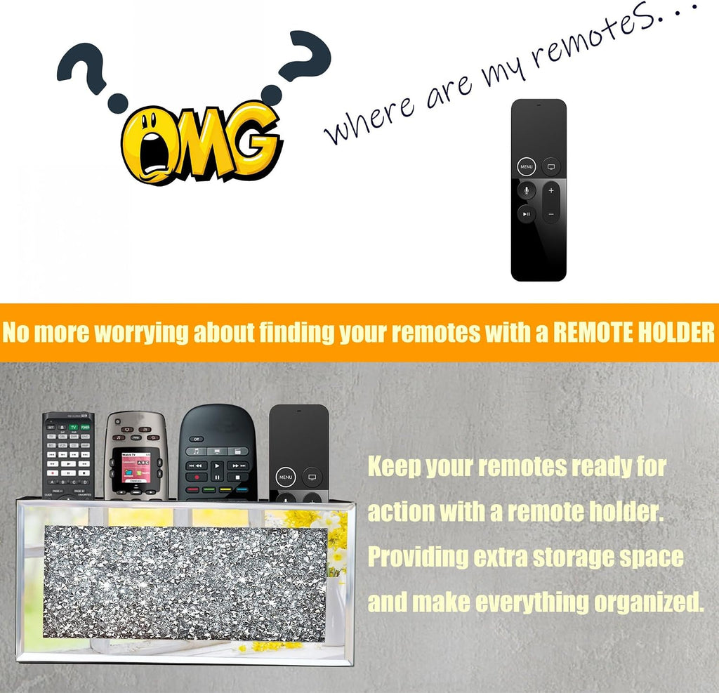 Mirrored Remote Holder, Wall Mounted Crush Diamond Bling Decoration Organizer Storage Box for Remote Phone Pad Wallet Notebook (8.3"×2.5"×4" For 3 or 4 Remote Controls)