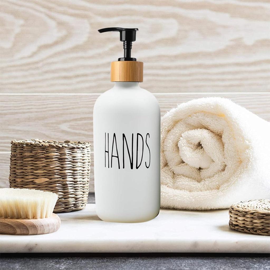 Sunrise Premium White & Black Glass Soap Dispenser-Bamboo Pump & Tray, 2 Pc