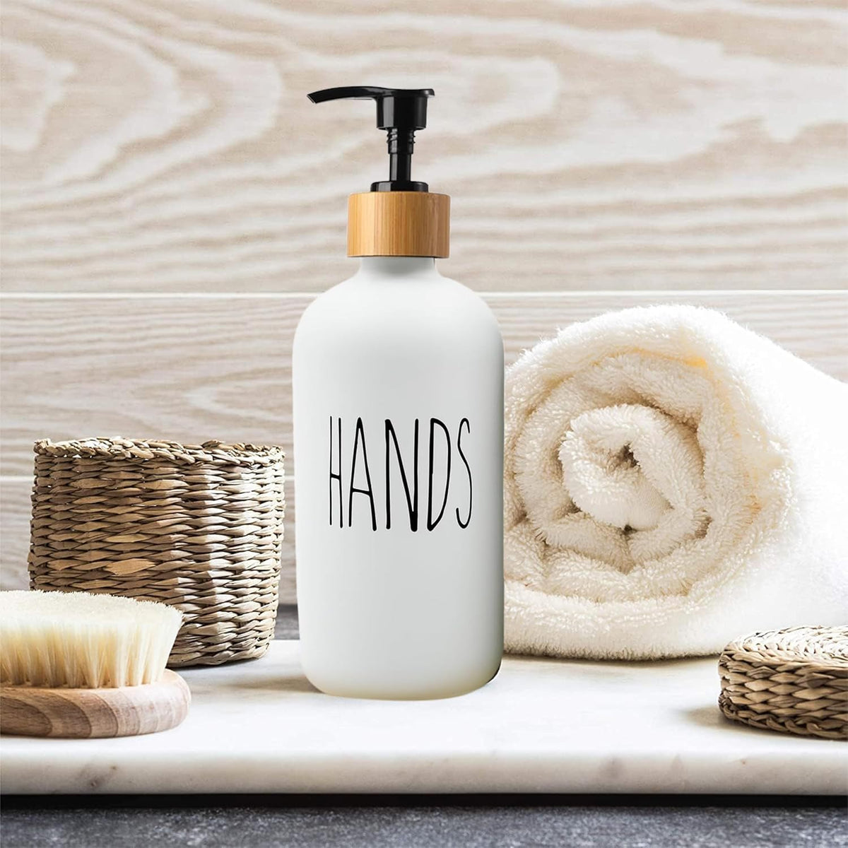 Sunrise Premium White & Black Glass Soap Dispenser-Bamboo Pump & Tray, 2 Pc