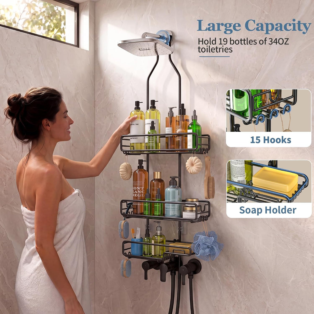Skyapex Shower Caddy Hanging Bathroom Organizer: Over Head Adjustable Rack for Tall Showerhead - Extra Large Storage Shelf for Big Shampoo Bottles with Soap Holder