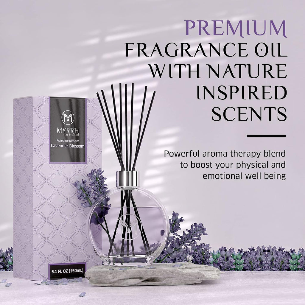 Lavender Blossom Scented Reed Diffuser Set with 8 Rattan Diffuser Sticks, 150 ml, All Natural Air Freshener, Long-Lasting Diffusers at Home - MyrrhUSA