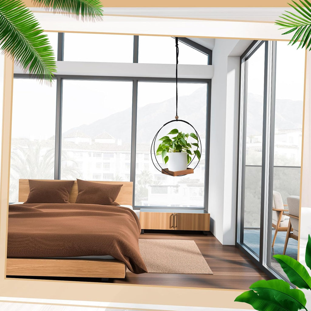 Geelin 4 Pcs Hanging Plant Holder with Wood Base Window Planter Boho, Brown