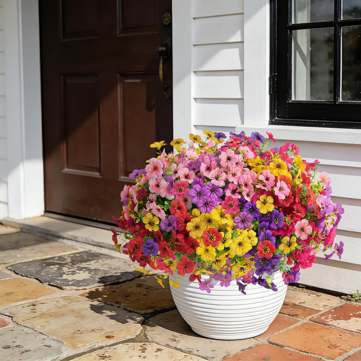12 Bundles Artificial Flowers for Outdoors, Fake Silk Plastic Flowers for Outside, UV Resistant Faux Plants for Outside Garden Porch Window Home Planters Decoration (6 Multicolor)