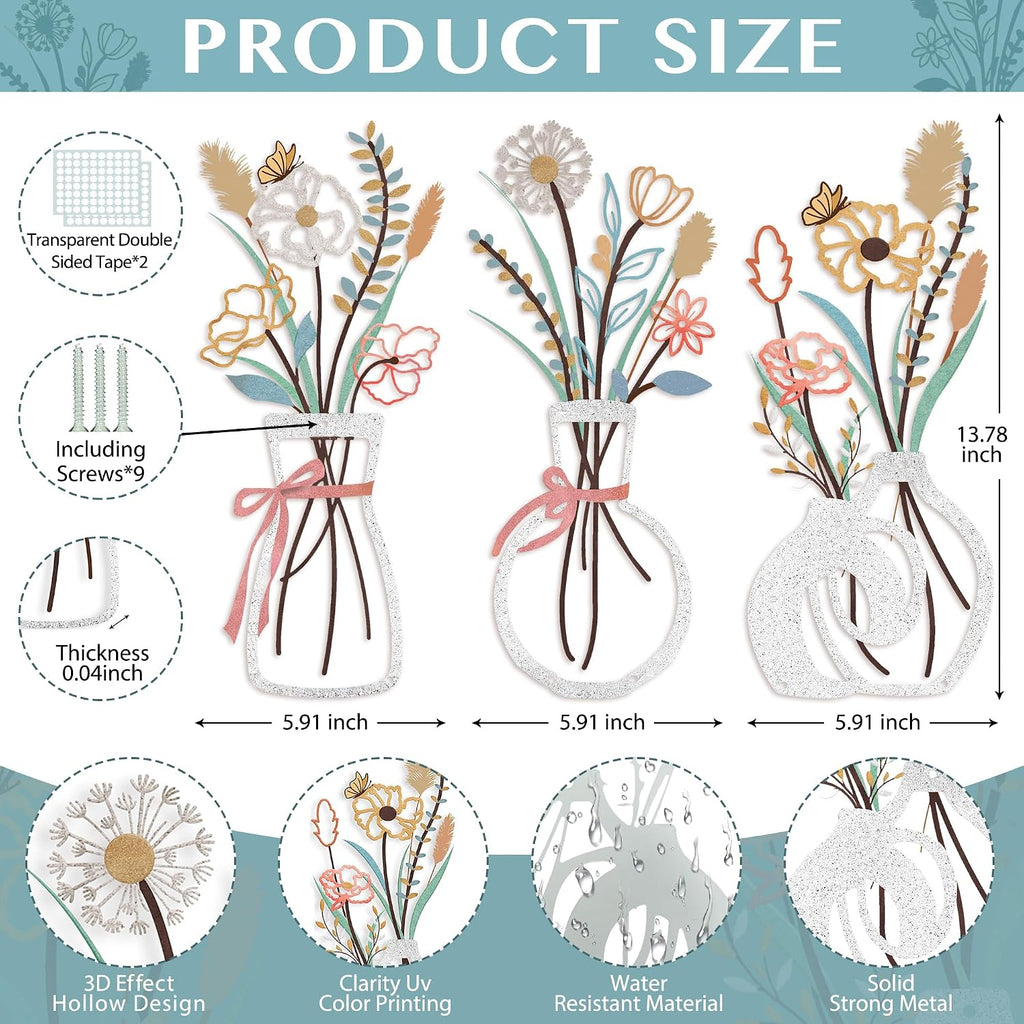 Metal Flowers Wall Decor for Living Room,Boho Floral Wall Art for Kitchen,Rustic Work for Farmhouse,Living Room,Bathroom,Laundry Room,Office,3D Flower Bow Butterfly Sculptures-Housewarming Gifts,3PCS