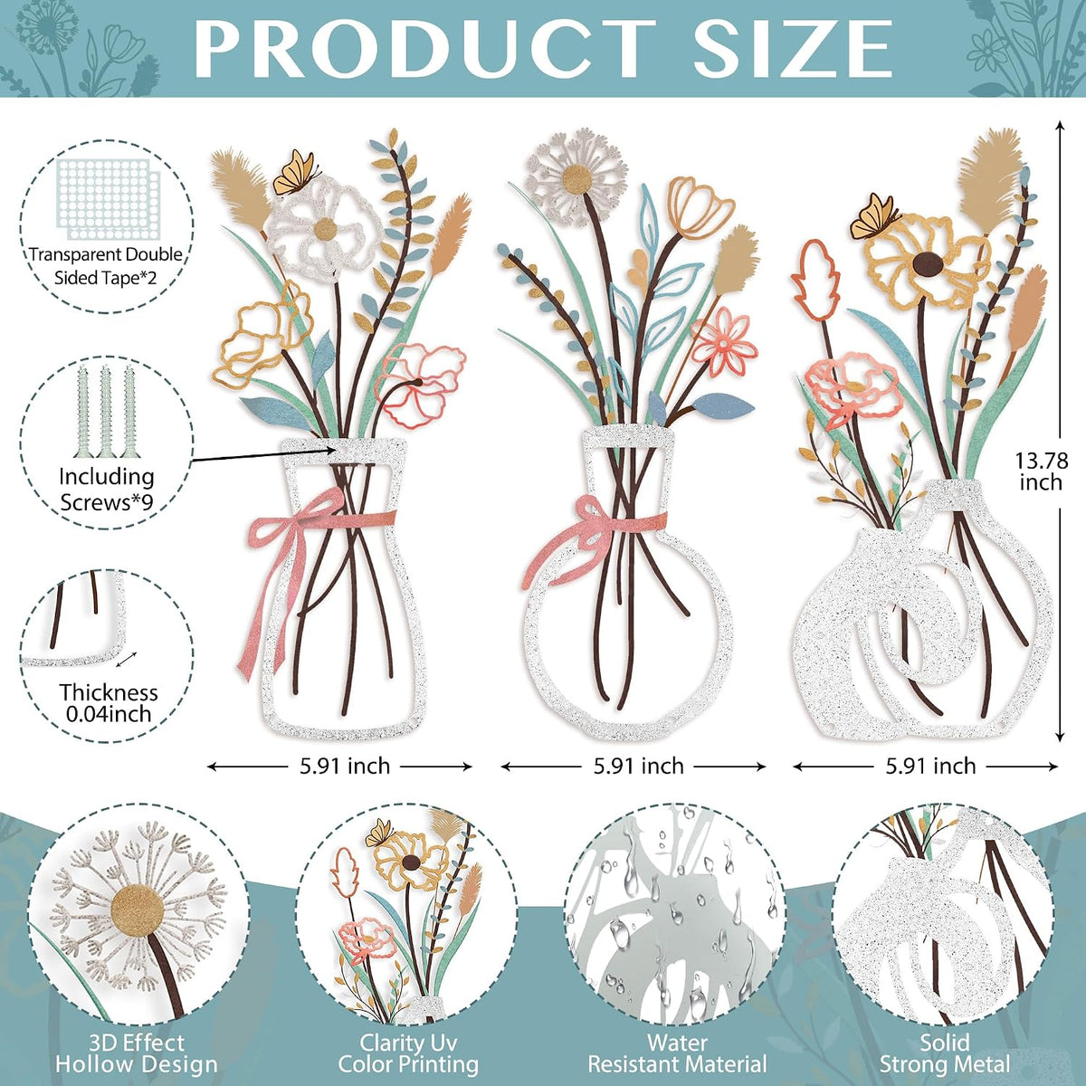 Metal Flowers Wall Decor for Living Room,Boho Floral Wall Art for Kitchen,Rustic Work for Farmhouse,Living Room,Bathroom,Laundry Room,Office,3D Flower Bow Butterfly Sculptures-Housewarming Gifts,3PCS