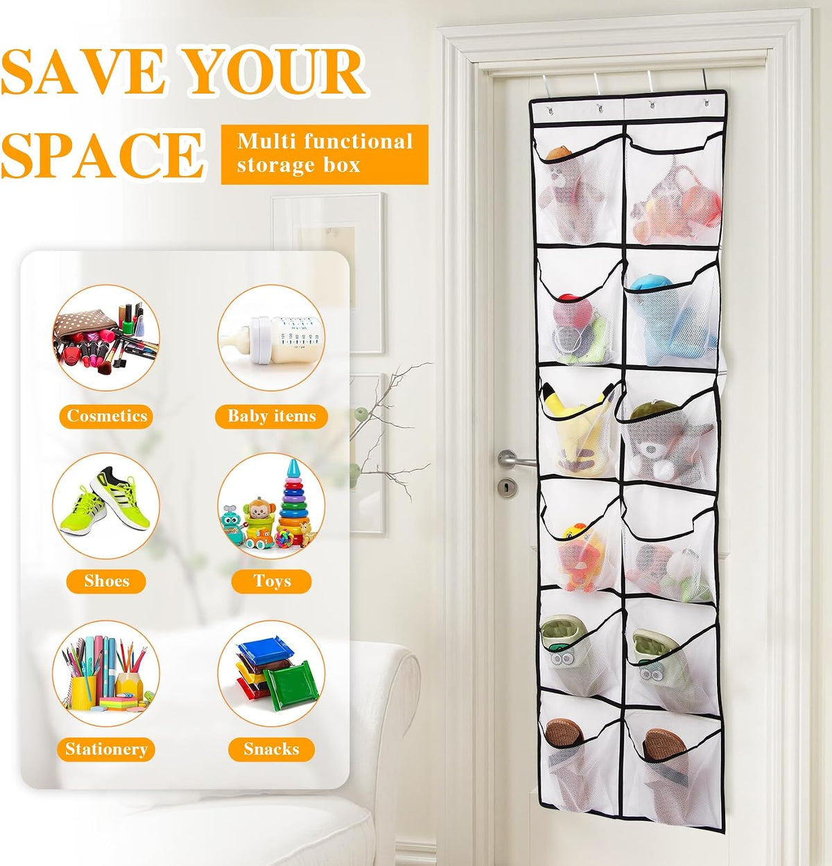 GOMAJI 12 Large Breathable Mesh Pockets, Over The Door Shoe Organizer, Boots Hanging Storage Shoe Rack for Closet, Accessories - - White