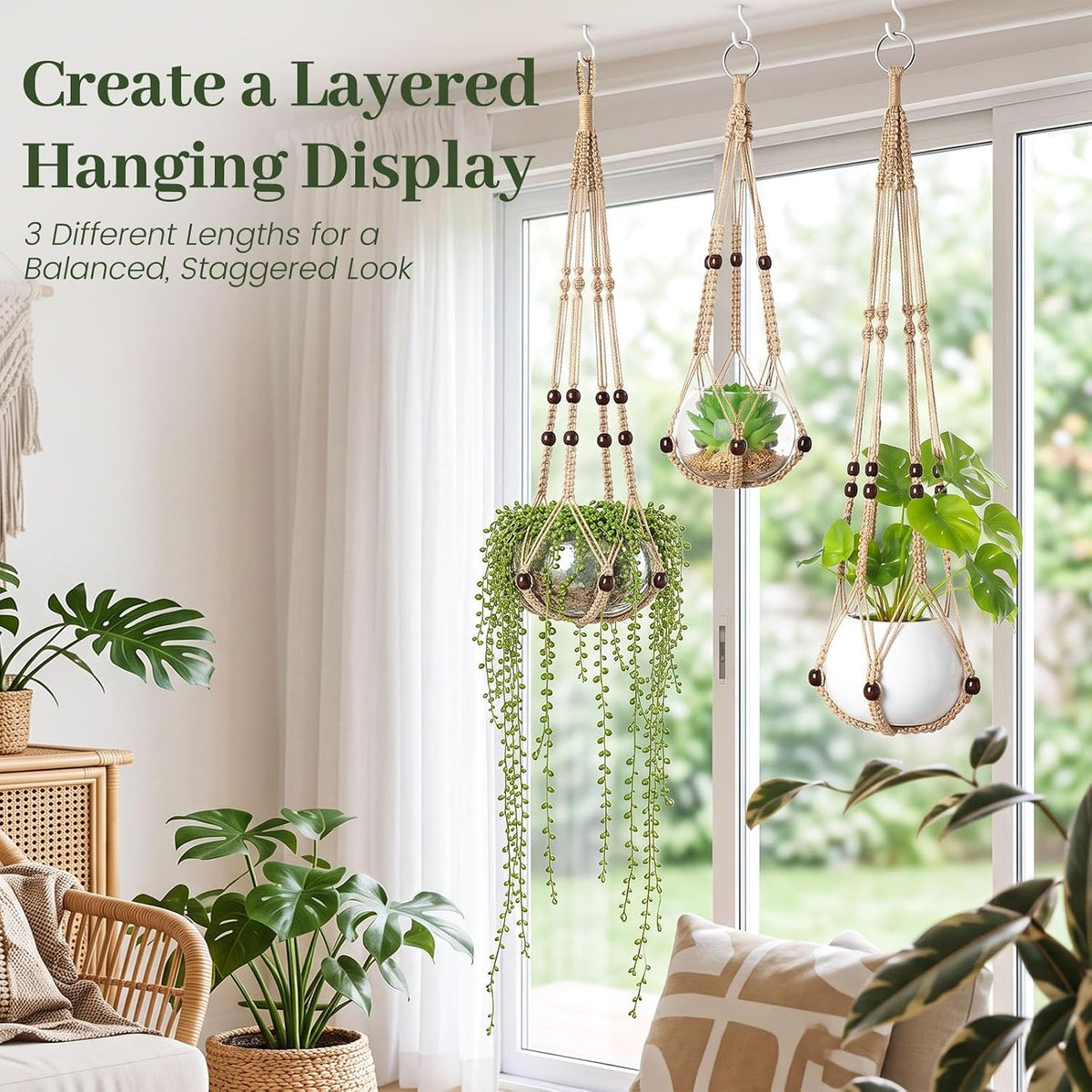 DomeStar 3 Pack Macrame Plant Hangers Indoor Wall Hanging Planters Brown
