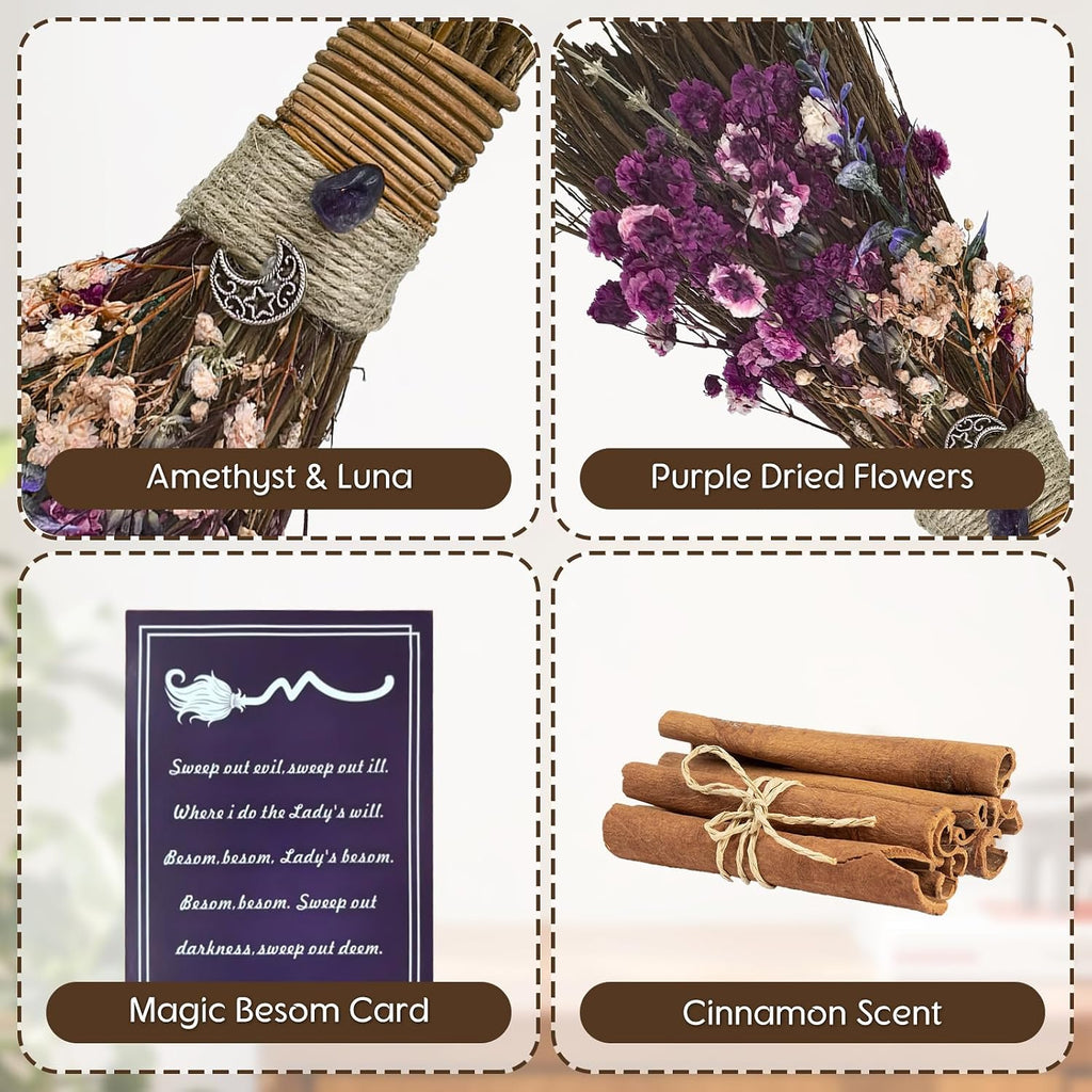 Cinnamon Broom 7.5 Inch Witch Broom for Altar Witchy Gift (Purple)