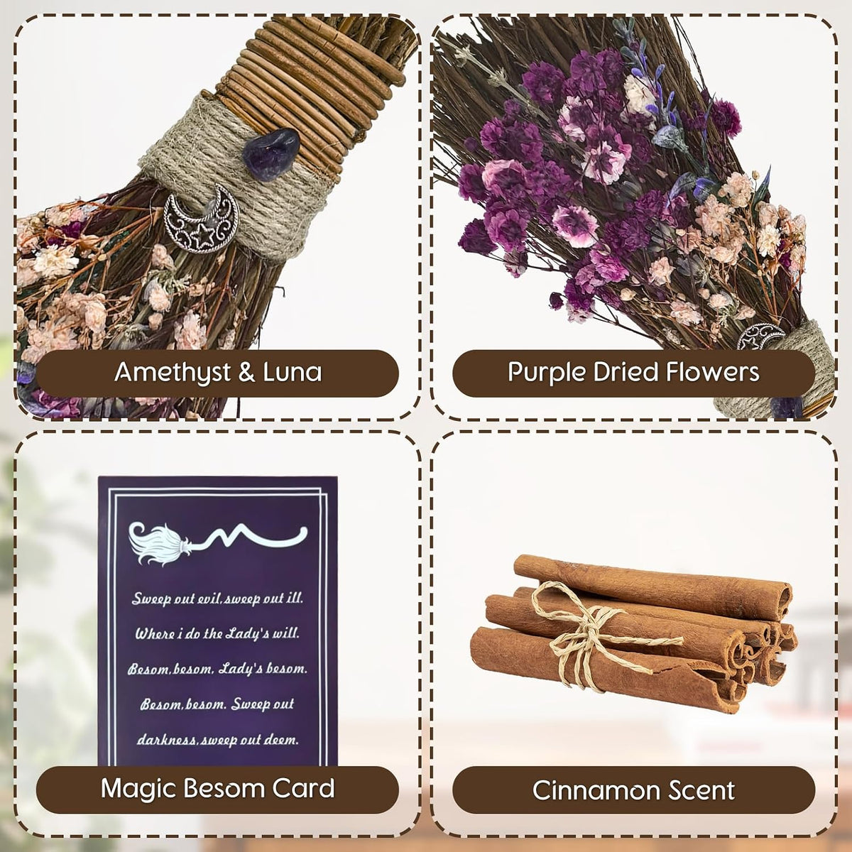 Cinnamon Broom 7.5 Inch Witch Broom for Altar Witchy Gift (Purple)