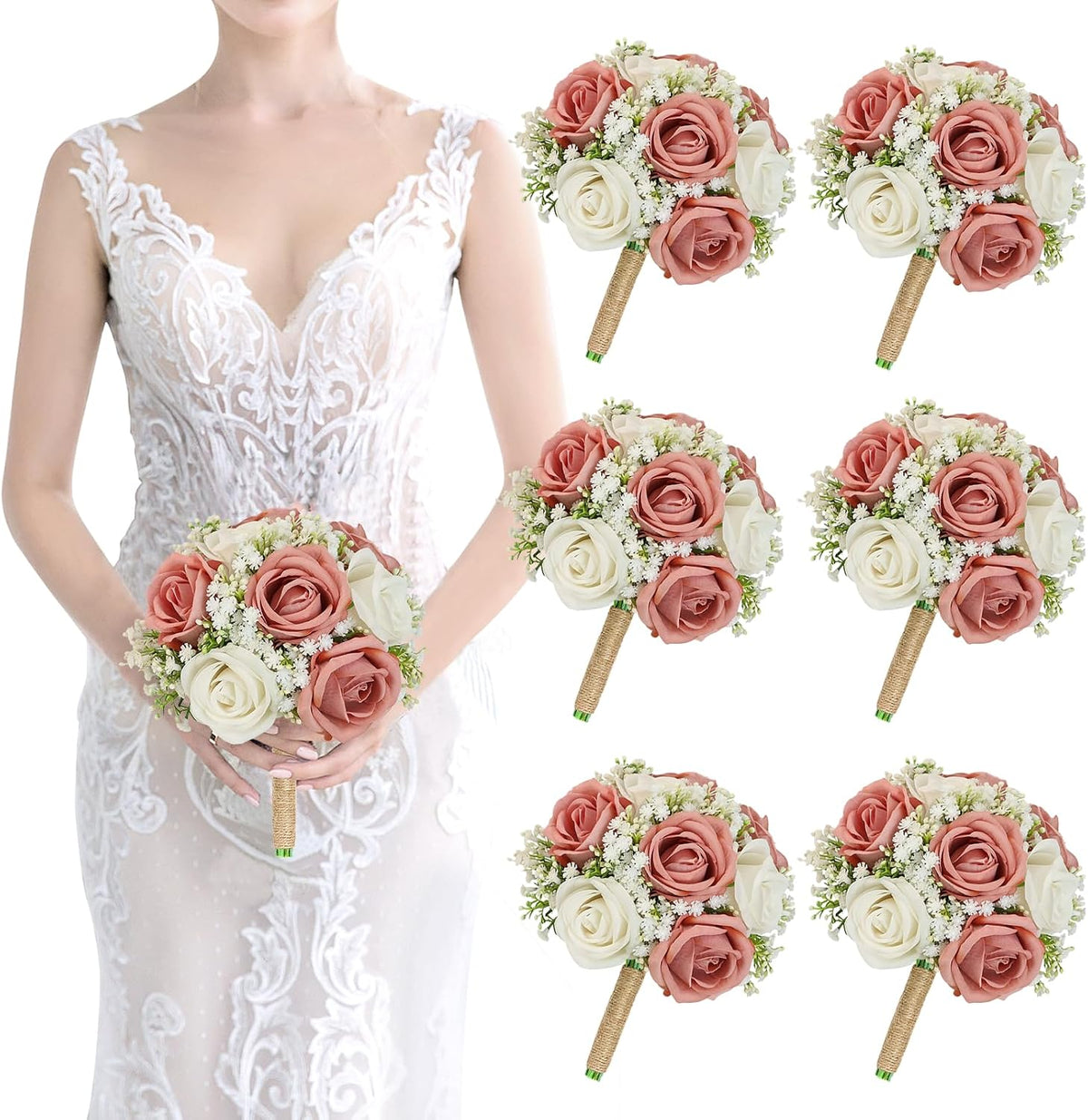 Wedding Artificial Bridesmaids Bouquets Set of 6-Faux Babys Breath Dusty Pink Fake Gypsophila Bouquet for Bridesmaid, Real Touch Small Bouquet for Bridesmaids Wedding Bridal Shower Centerpieces-7 Inch