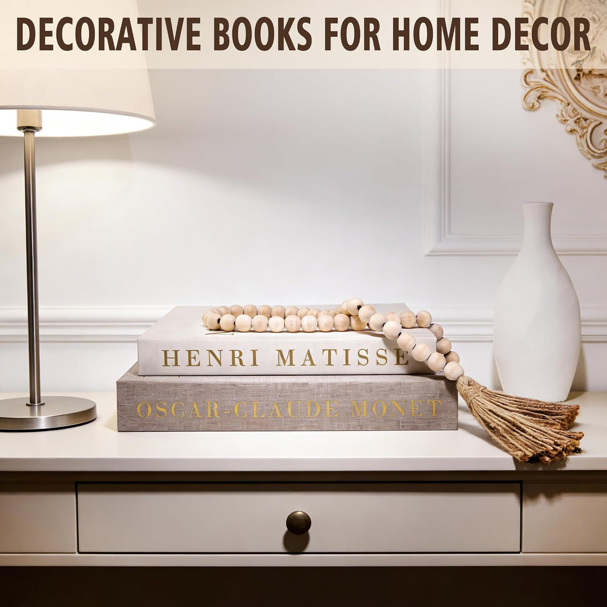 Decorative Books Set with Wood Bead Garland, Coffee Table Decor