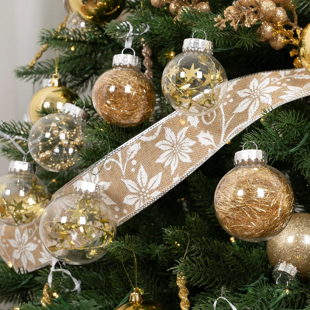 XmasExp 32ct Christmas Ball Ornaments Set -Gold Clear Plastic Shatterproof Xmas Tree Ball Decorations Hanging Baubles for Holiday Decor