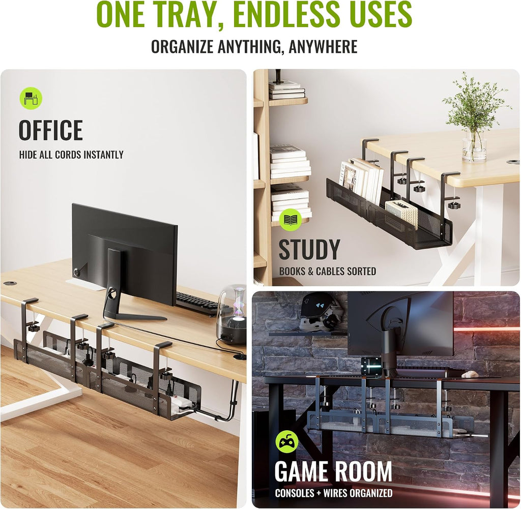 [Upgraded] 2 Pack Cable Management Under Desk Tray, Xpatee 27.6" No Drill Open Slots Cable Management Tray, Cord Wire Organizer Box with Clamp for Table Thickness up to 3" - No Desk Damage(Black)