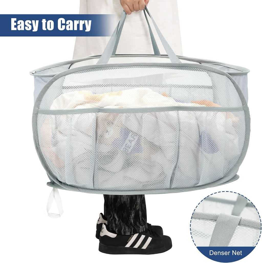 Collapsible Laundry Baskets, Upgrade Pop Up Laundry Hamper with Convenient Bags, Foldable Laundry Basket Mesh Light Weight, Easy to Carry Clothes Hampers for Laundry, Dorm, Toys, Travel Grey