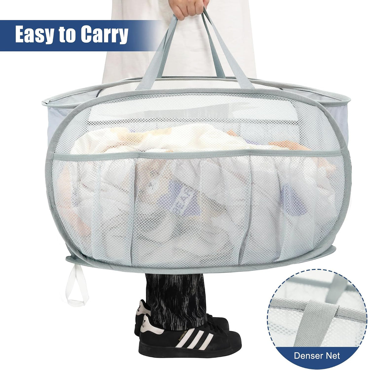 Collapsible Laundry Baskets, Upgrade Pop Up Laundry Hamper with Convenient Bags, Foldable Laundry Basket Mesh Light Weight, Easy to Carry Clothes Hampers for Laundry, Dorm, Toys, Travel Grey