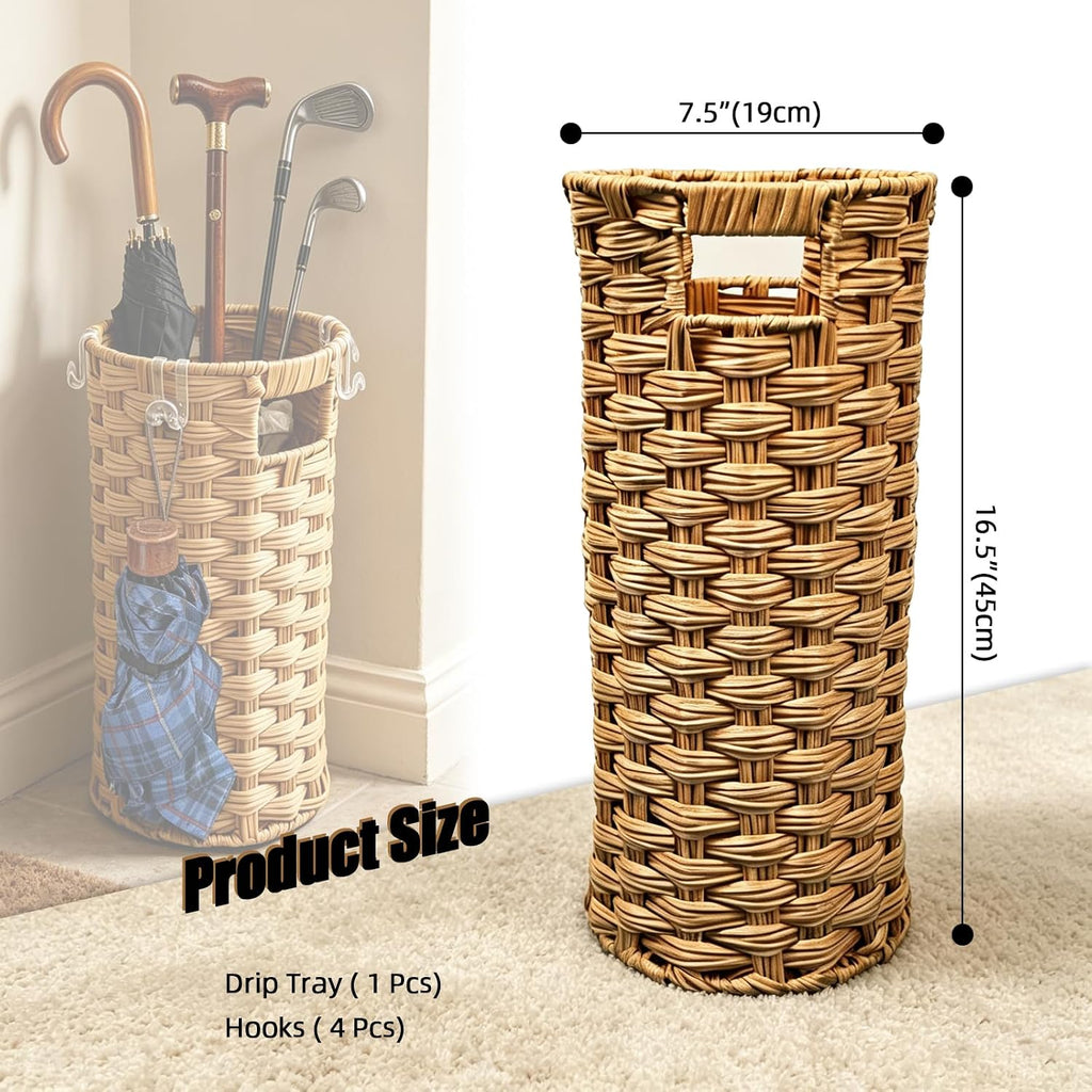Rattan Umbrella Stand with Drip Tray - Hand Woven Entryway Umbrella Holder