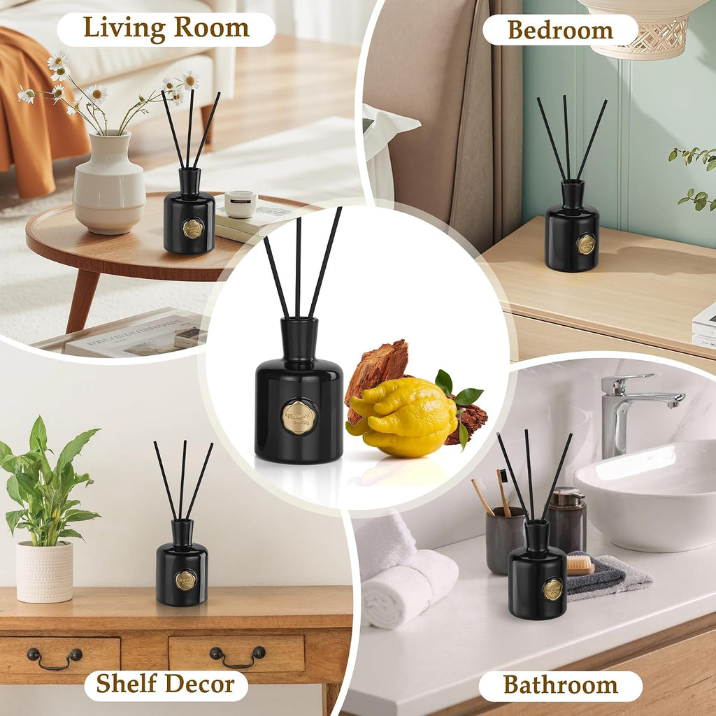 XEPTLE Reed Diffuser Set, 7.04 oz Oud & Bergamot Scent Diffuser with 5 Sticks, Long Lasting Air Freshener, Essential Oil Reed Diffuser for Home, Home Fragrance for Office, Bathroom Shelf Decor, Black