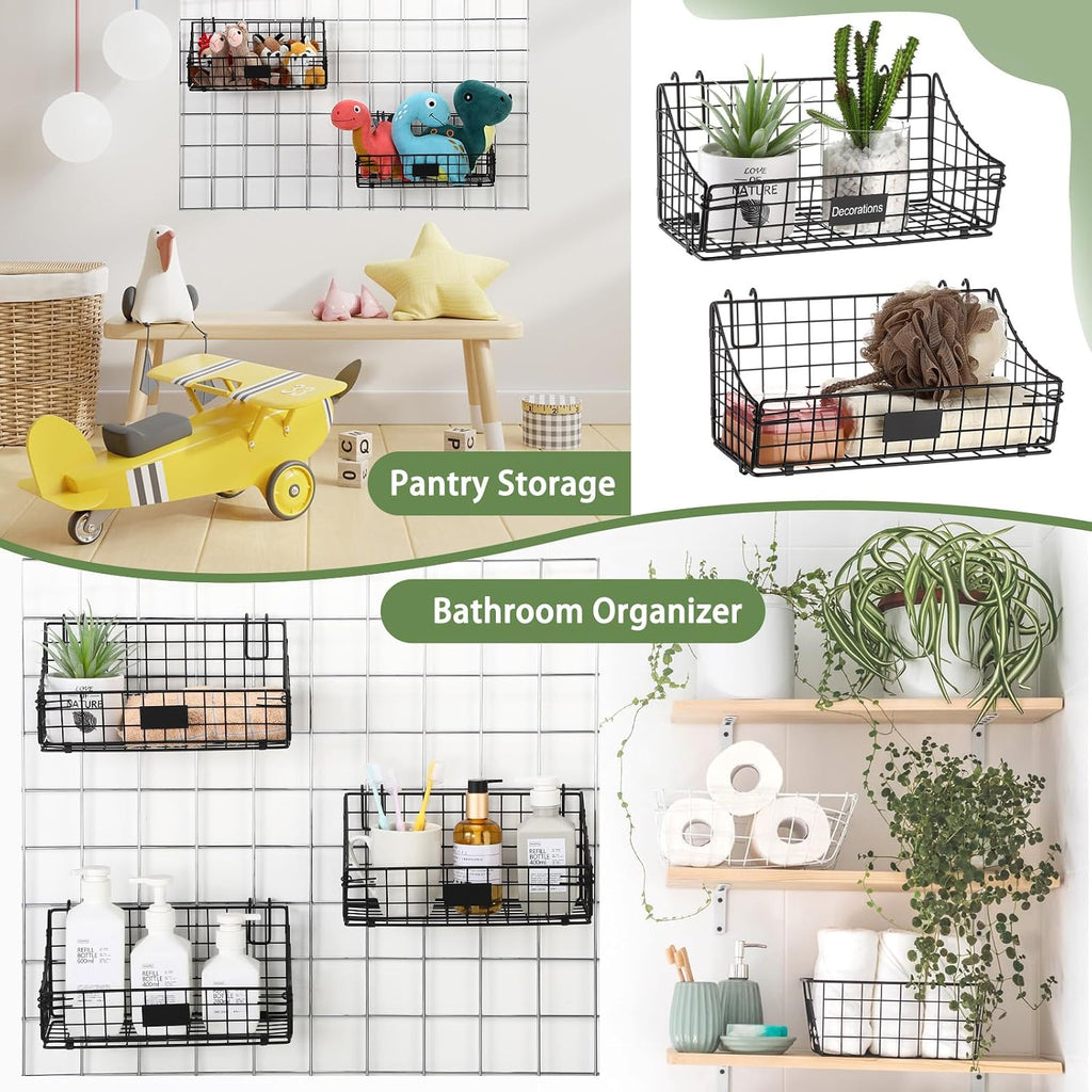 Blulu 4 Pcs Grid Wall Baskets, Wire with Hooks for Hanging, 11 x 6 x 5 Inch