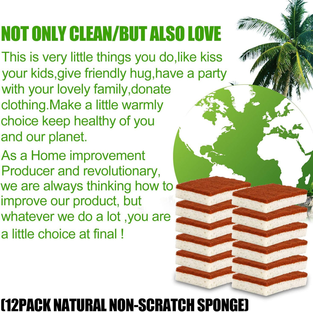 Natural Plant Based Scrub Sponge 12 Pack, Palm Fiber Scrubbing Sponge with Non Scratch Biodegradable Compostable Sponges,Long Lasting No Smell Dishwashing Kitchen Scrubber