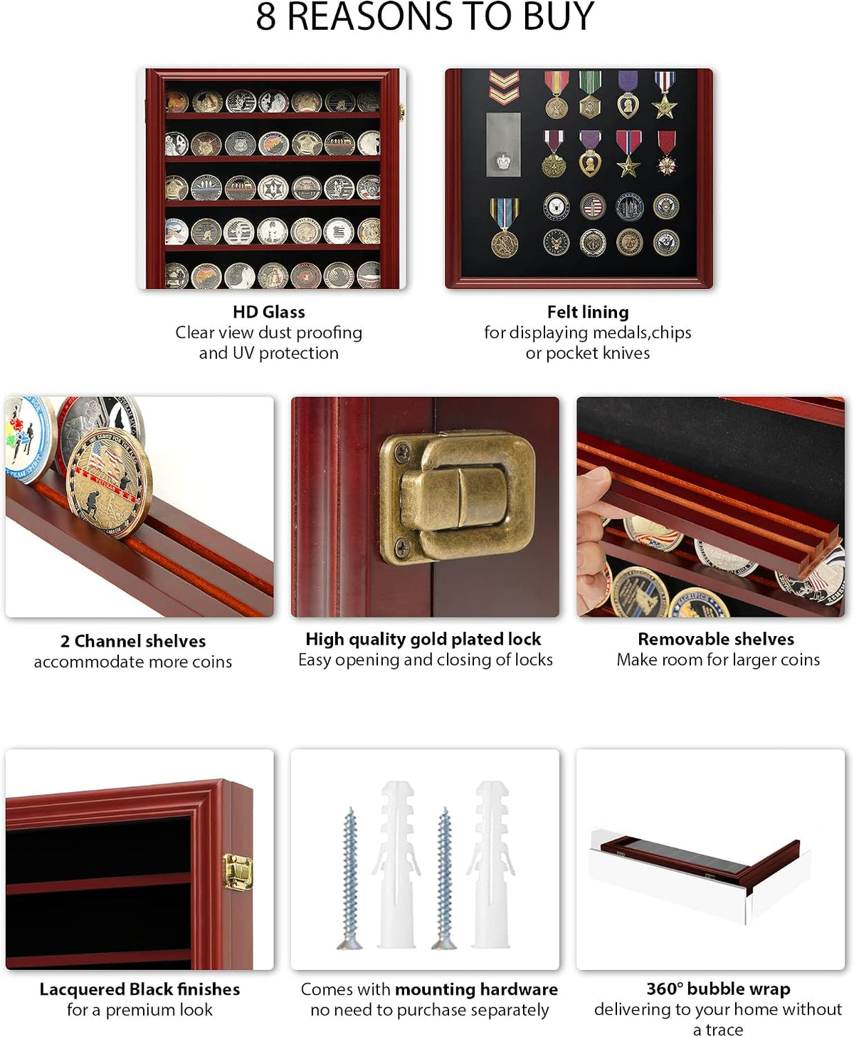 7 Rows Challenge Coin Holder Display Case with HD Tempered Glass Holds 100 coins, Wall-Mountable Military Shadow Box Cabinet with Removable 2-Groove Shelves for Medals and Casino Poker Chips, Mahogany