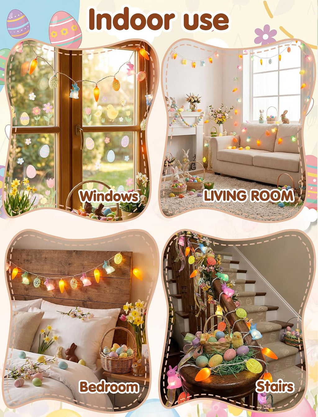 Easter Rabbit Carrot Egg String Lights, 12Ft 20 LED Multicolored Bunny Carrot Easter Egg Fairy Lights, Plug in Spring Decor for Indoor Outdoor Home Bedroom Garden Party Decorations