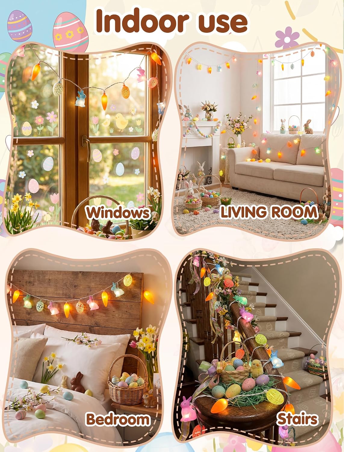 Easter Rabbit Carrot Egg String Lights, 12Ft 20 LED Multicolored Bunny Carrot Easter Egg Fairy Lights, Plug in Spring Decor for Indoor Outdoor Home Bedroom Garden Party Decorations