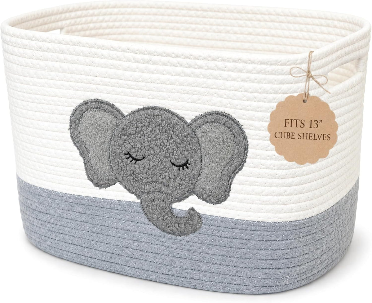 Elephant Baby Storage Basket, Woven Cotton Rope Nursery Bin, 13x10x9 in