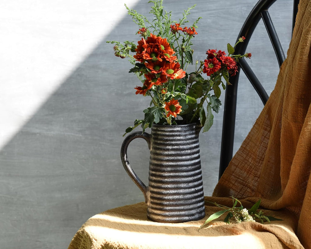 Quoowiit Ceramic Rustic Vase with Handle, Black Distressed Decorative Farmhouse Pitcher Vase for Home Decor Living Room Bedroom Kitchen Office Shelf Decor Centerpiece Table Decoration