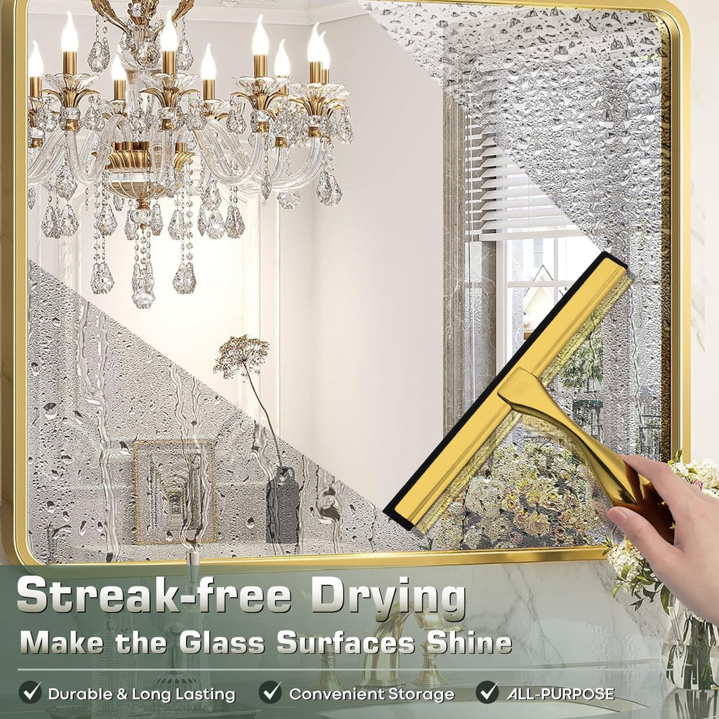 Stainless Steel Shower Squeegee for Glass Door with 3 Adhesive Hook, Glass Cleaning Squeegee for Bathroom & Household Window, Mirrors, Tiles and Car, Clear 10 Inches Golden