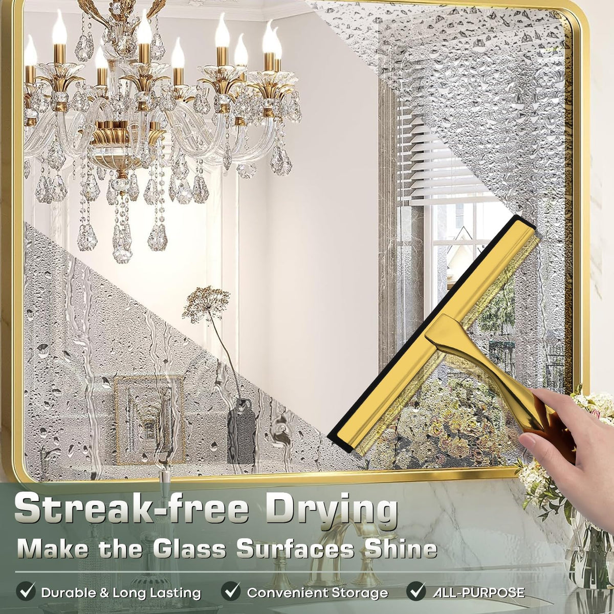 Stainless Steel Shower Squeegee for Glass Door with 3 Adhesive Hook, Glass Cleaning Squeegee for Bathroom & Household Window, Mirrors, Tiles and Car, Clear 10 Inches Golden