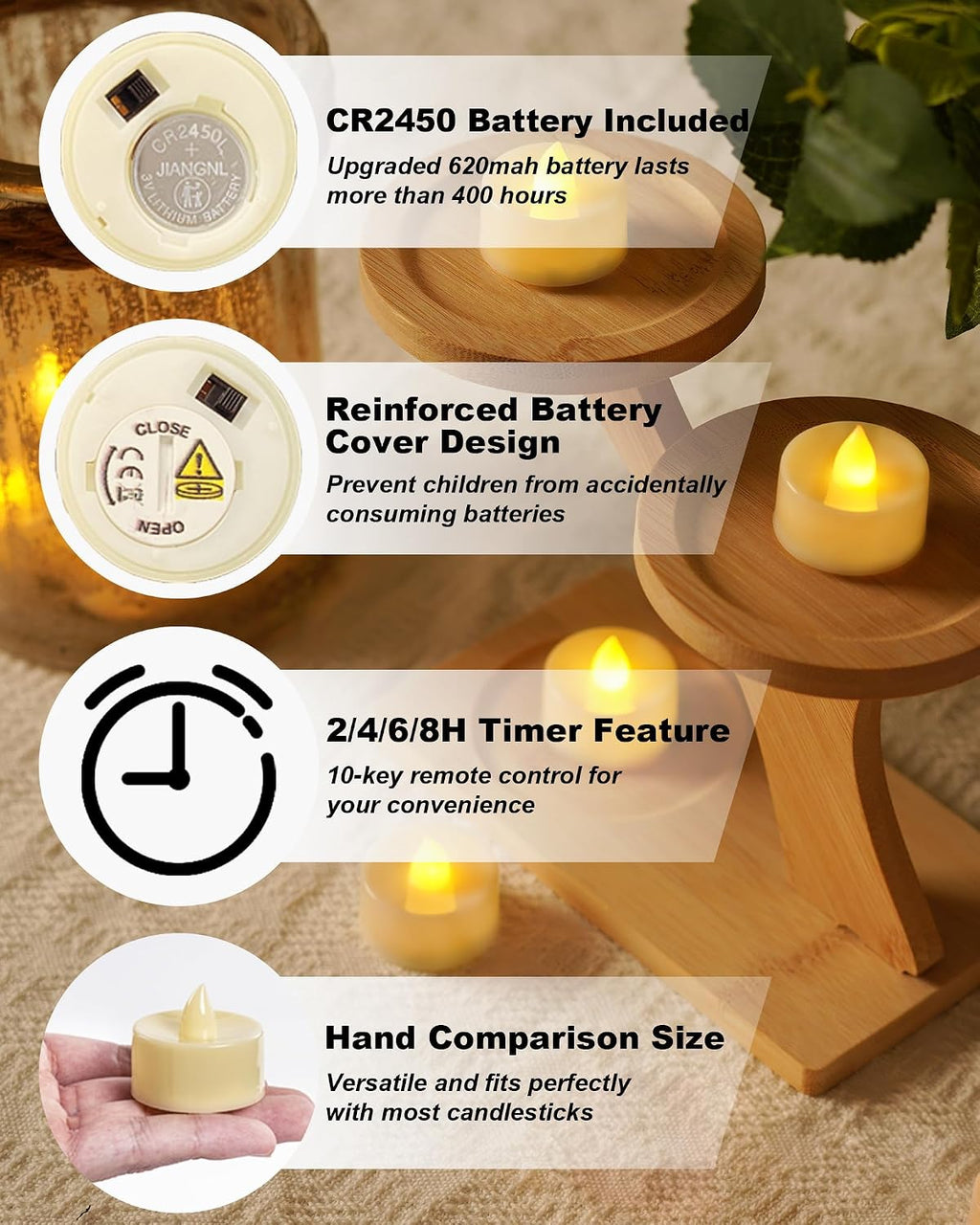 BEICHI 12Pcs Flameless LED Tea Lights with Remote & Timer,Ivory Base,400Hrs