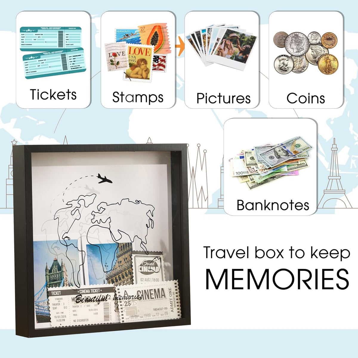 Adventure Archive Box, Travel Shadow Box with Slot, Shadow Box with Slot, Black and White, Store Memories: Money from Different Countries, Photos, Plane Tickets, Movie Tickets (Black, 8x8)