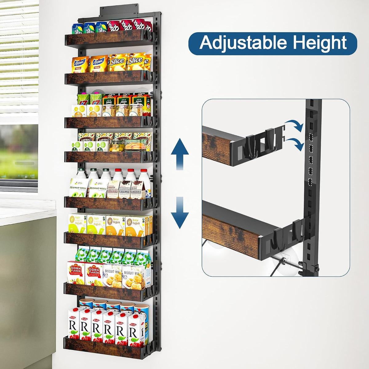BUKFEN 8-Tier Over the Door Pantry Organizer, Adjustable Wooden Basket