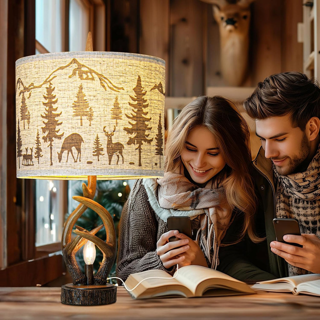 Scenekoy Deer Antler Table Lamp Set of 2 with Nightlight for Living Room