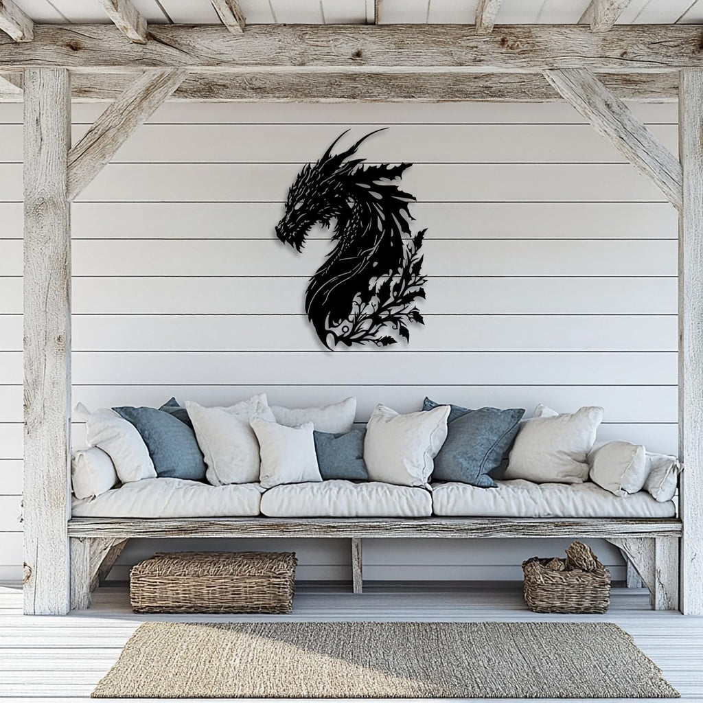 LIYOUYA Dragon Metal Wall Decor - Man Cave Decor Fantasy Room Decor Flower Wall Art Home Decor for Living Room, Bedroom, Office,Courtyard, Patio, Outdoor (Black)