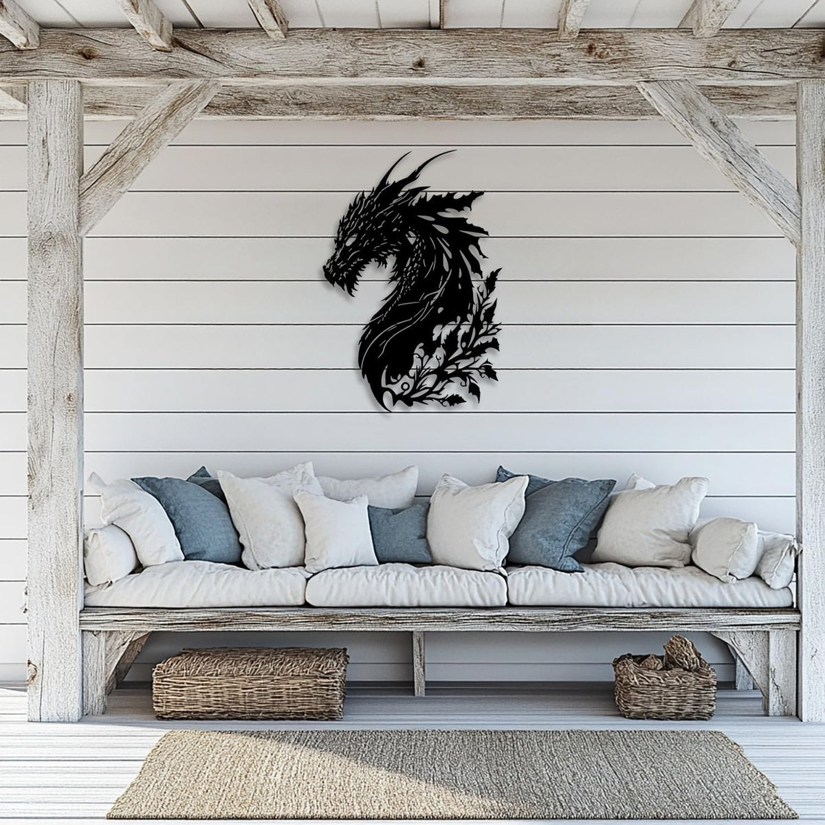 LIYOUYA Dragon Metal Wall Decor - Man Cave Decor Fantasy Room Decor Flower Wall Art Home Decor for Living Room, Bedroom, Office,Courtyard, Patio, Outdoor (Black)