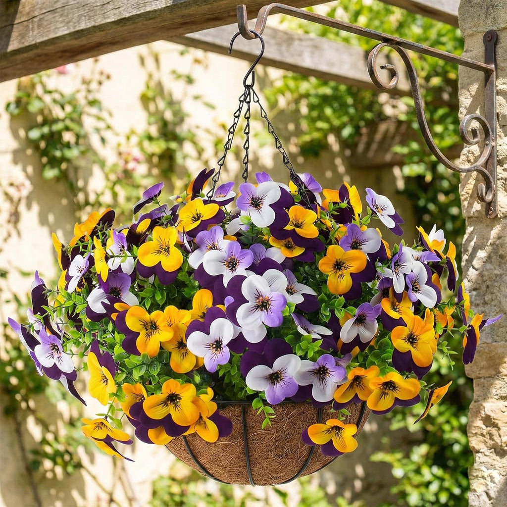 lovemoon 2 Set Artificial Outdoor Pansy Flowers with Hanging Baskets